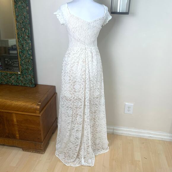 Aakaa Sz S Lace Smocked Dress Cream Ivory Short Sleeve Long Wedding Bridal - Picture 11 of 15